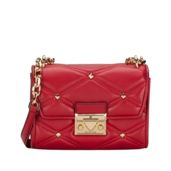 New! Michael Kors SM Flap XBody Serena Chili Quilted Stud Chain Mini Crossbody - Picture 3 of 16
